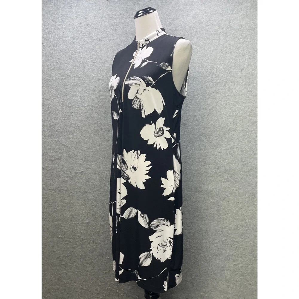 White House Black Market Floral Dress L Blk/Wht V Neck Stretch Midi Sleeveless